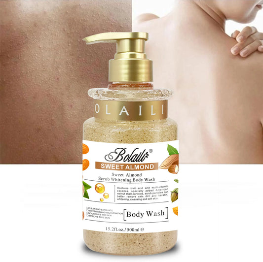 500ml Sweet Almond Scrub Body Wash Exfoliating Moisturizing Whitening Skin Lightening Bodywash Pores Deep Clean Bath Shower Gel