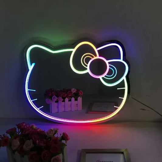 Sanrio Hello Kitty Neon Sign LED Wall Decor Magic Mirror Neon Sign Girls Room Makeup Vanity Mirror Birthday Gift Room Decoration