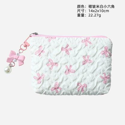 INS Pleated Bow Girl Makeup Pouch Cosmetic Bag Cute Women Portable Travel Organizer Purse Kawaii Pearl Bow Pendant Toiletry Bag