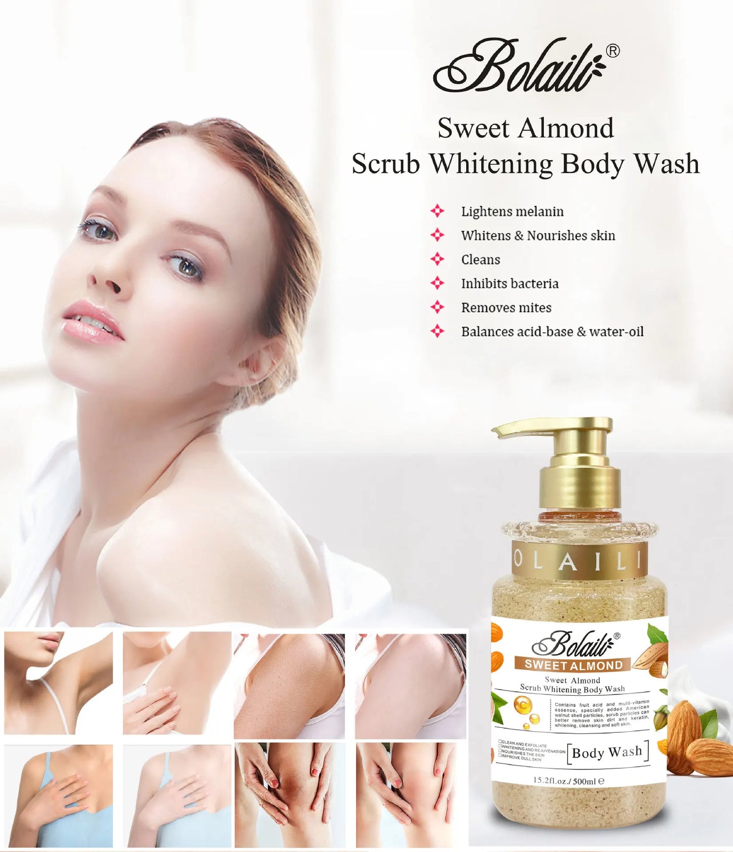 500ml Sweet Almond Scrub Body Wash Exfoliating Moisturizing Whitening Skin Lightening Bodywash Pores Deep Clean Bath Shower Gel