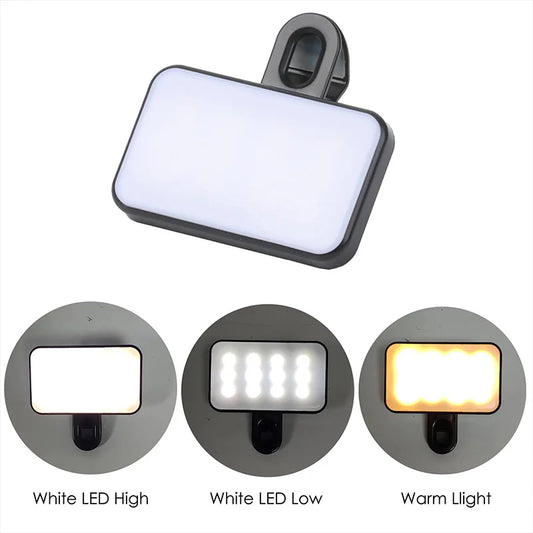 Portable LED Selfie Fill Light Rechargeable 3 Modes Adjustable Brightness Clip On For Phone, Laptop, Tablet Meeting, Make Up