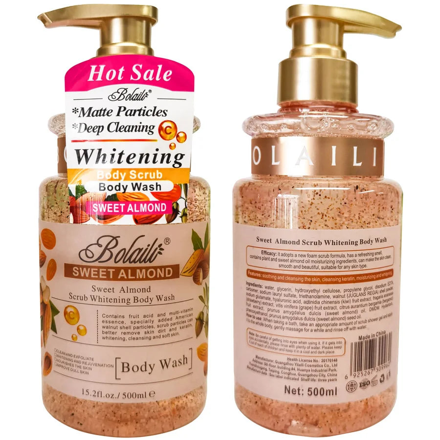 500ml Sweet Almond Scrub Body Wash Exfoliating Moisturizing Whitening Skin Lightening Bodywash Pores Deep Clean Bath Shower Gel