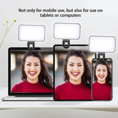 Portable LED Selfie Fill Light Rechargeable 3 Modes Adjustable Brightness Clip On For Phone, Laptop, Tablet Meeting, Make Up